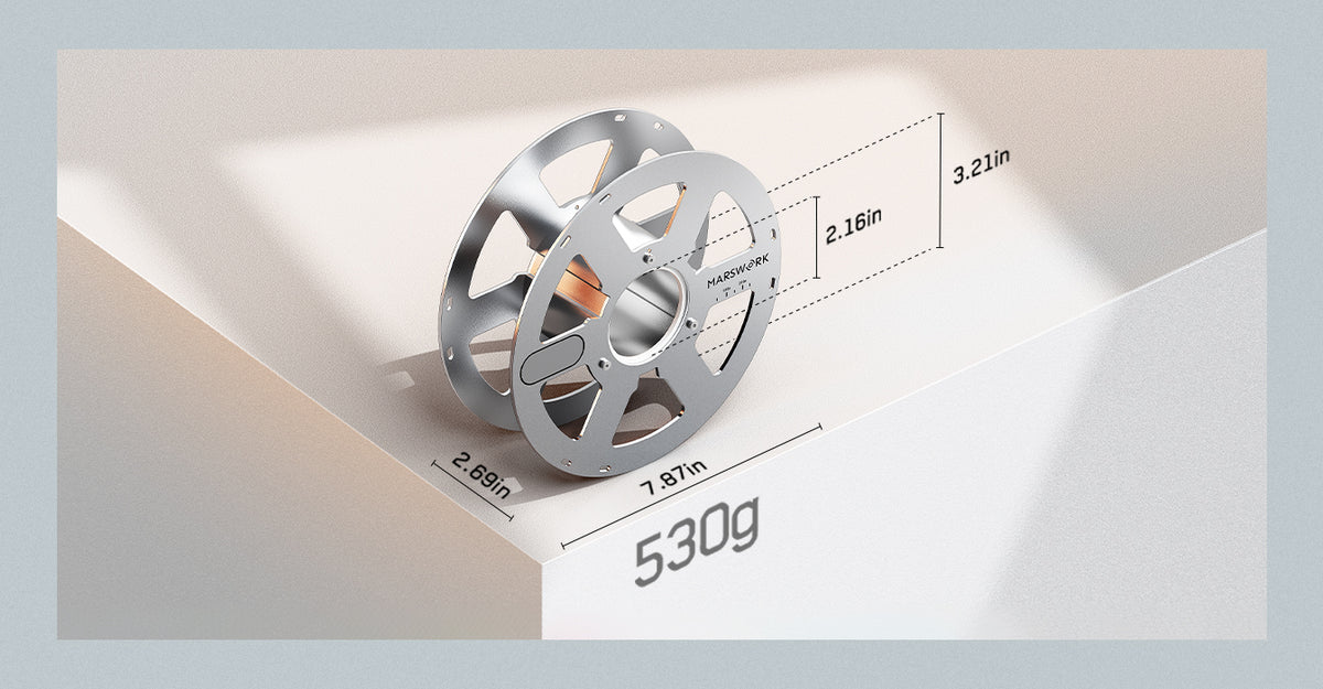 MarsWork Aluminum Reusable Spool presented in minimal paper-based packaging for a cleaner product experience.