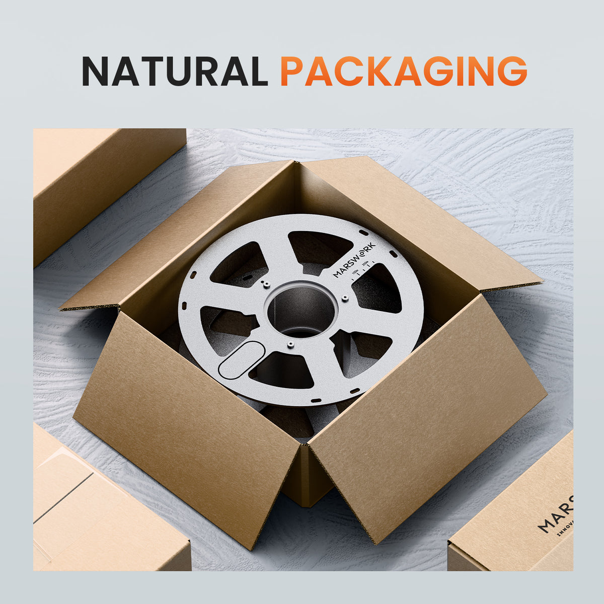 MarsWork Aluminum Reusable Spool presented in minimal paper-based packaging for a cleaner product experience.