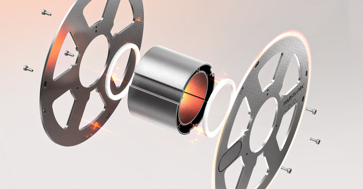 Close-up of the MarsWork Aluminum Reusable Spool with damping bearings and an aluminum-alloy body for smooth rotation.