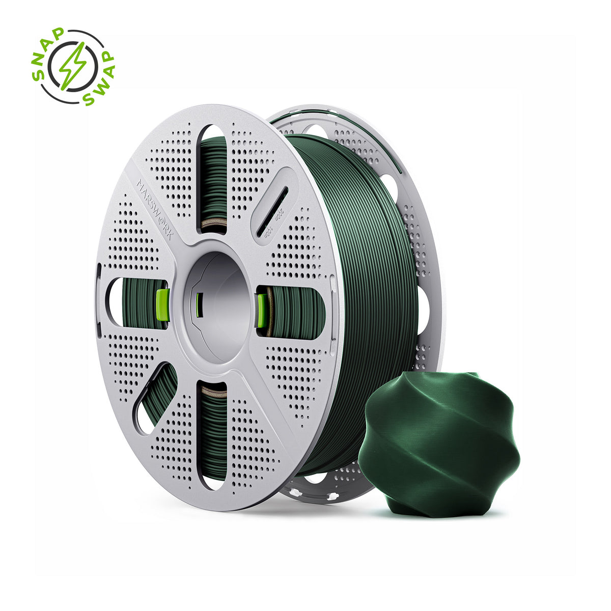 Forest Green MarsWork PLA Basic 1.75mm filament on quick-swap spool, triple-dried, pre-tuned for Bambu Lab AMS