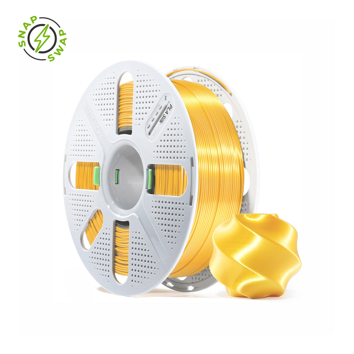 Gold MarsWork PLA Silk 1.75mm filament spool, chrome-like glossy finish, pre-tuned for Bambu Lab AMS
