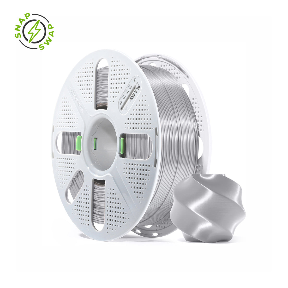Silver MarsWork PLA Silk 1.75mm filament spool, chrome-like glossy finish, pre-tuned for Bambu Lab AMS