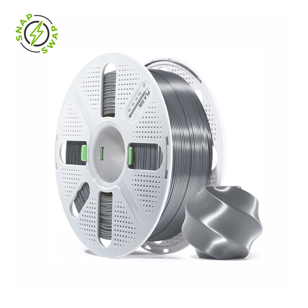Titan Gray MarsWork PLA Silk 1.75mm filament spool, chrome-like glossy finish, pre-tuned for Bambu Lab AMS